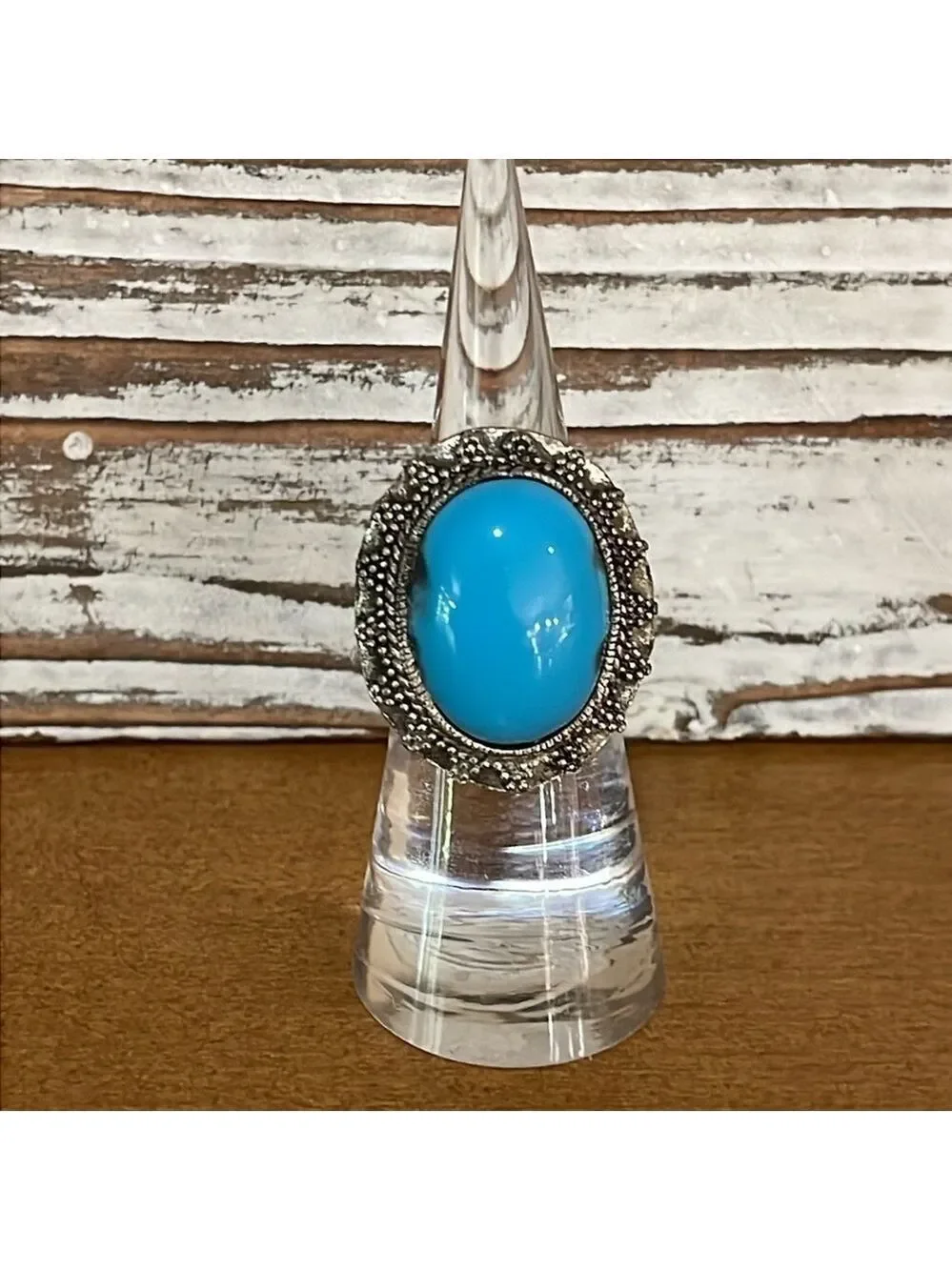 Faux turquoise and silver tone statement ring size 5.5